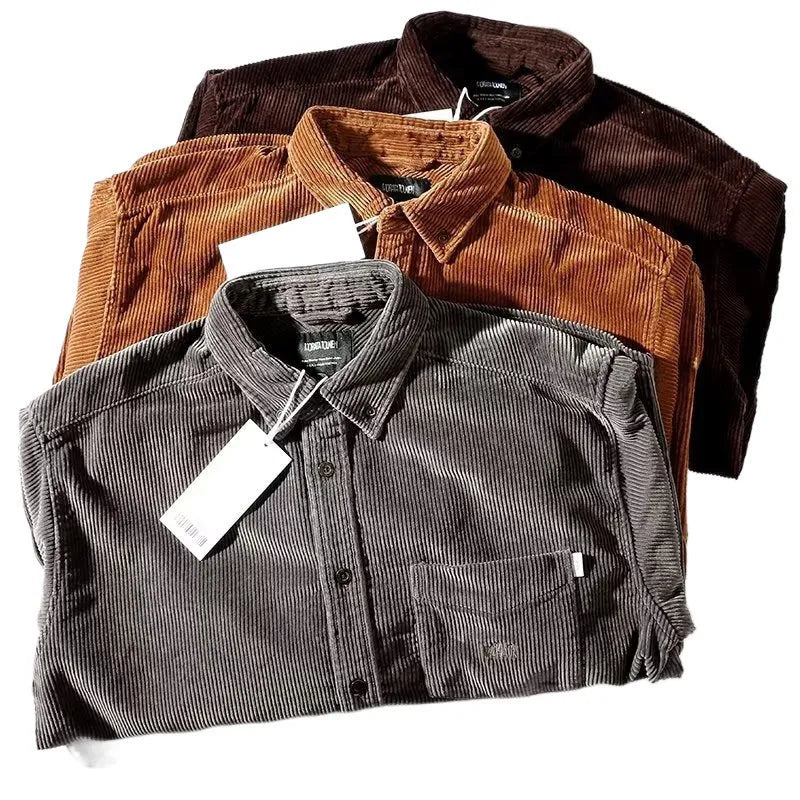 Man wearing a loose caramel coloured corduroy cardigan shirt in Hong Kong style.