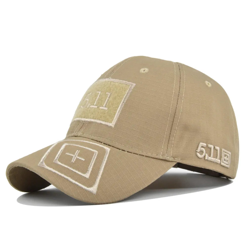 Cotton baseball cap with wide brim and adjustable back, displayed on a neutral background