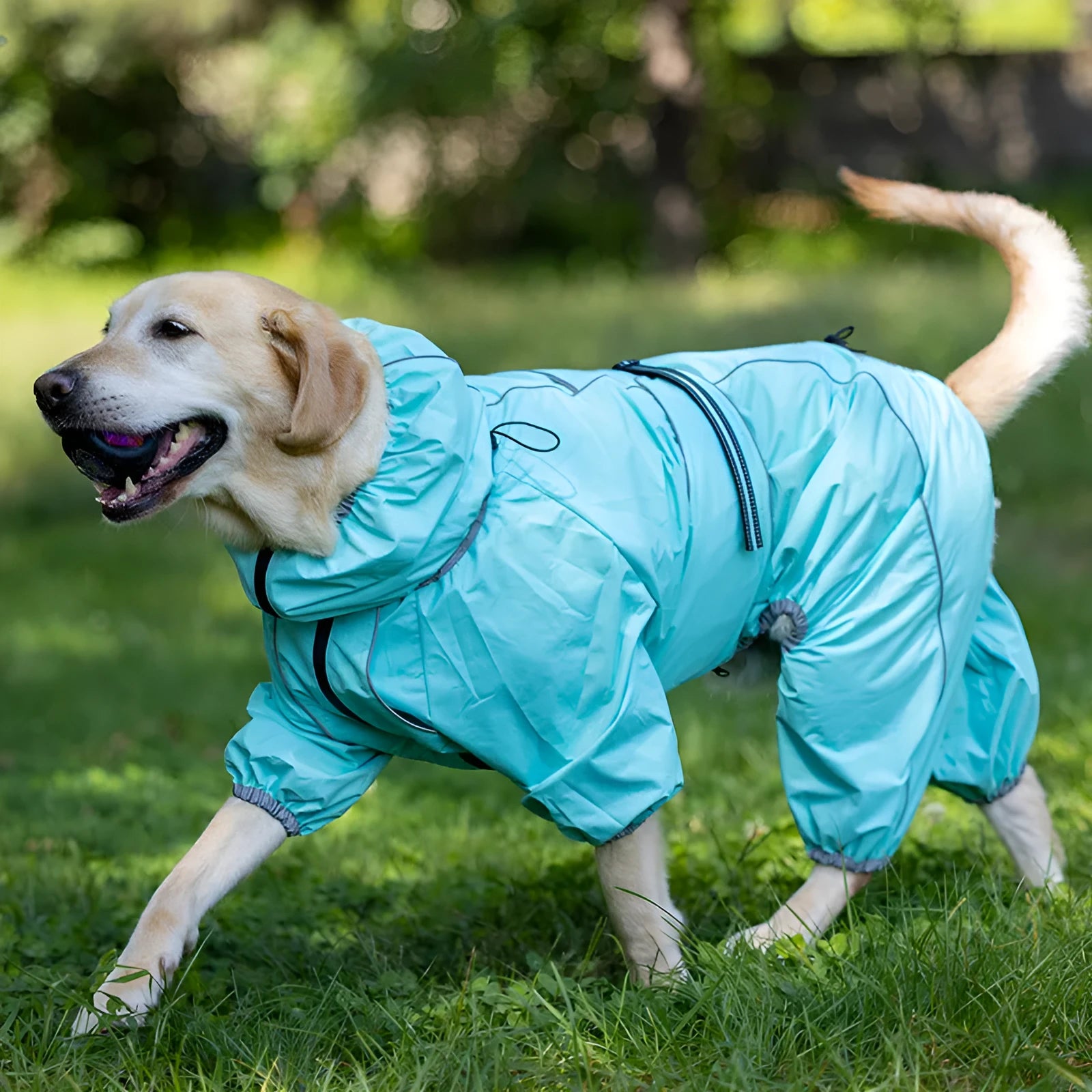 Dog wearing a red thickened cotton-padded winter shell jacket outdoors.