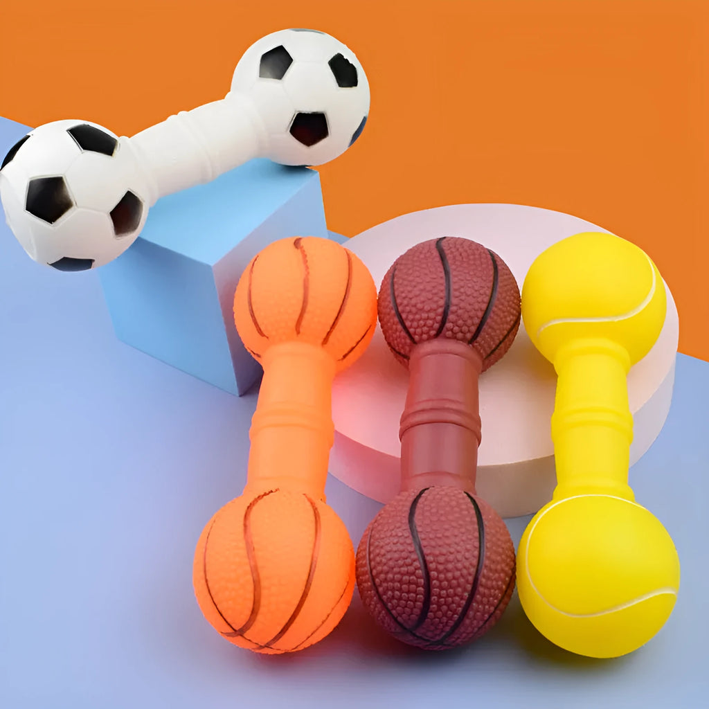 Colourful football and dumbbell shaped PVC squeaky dog chew toy