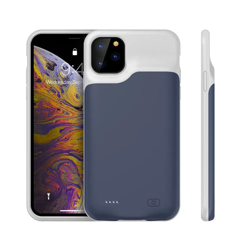 Shockproof silicone iPhone battery charger case in black, blue, pink or white colours with extended battery capacity