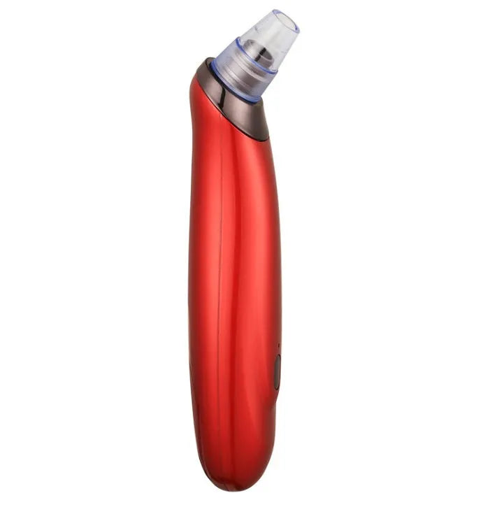 Black, gold, red, or white coloured electric blackhead removal tool with multiple nozzle tips