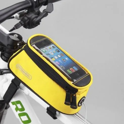 ROSWHEEL black PVC bicycle frame bag for mobile phone mounted on a bike.