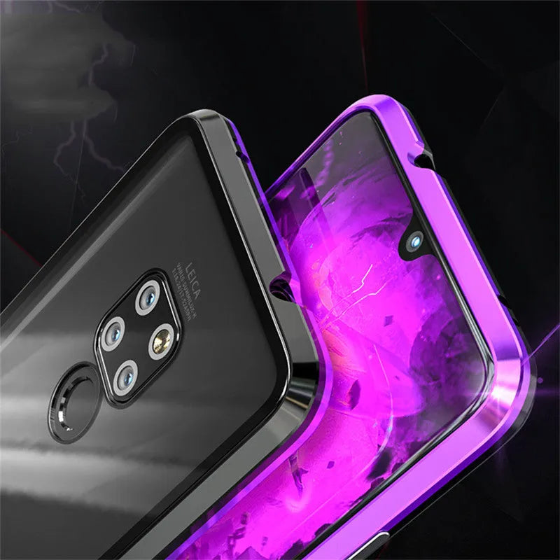 Magnetic phone case with metal frame and 9H tempered glass back in Black