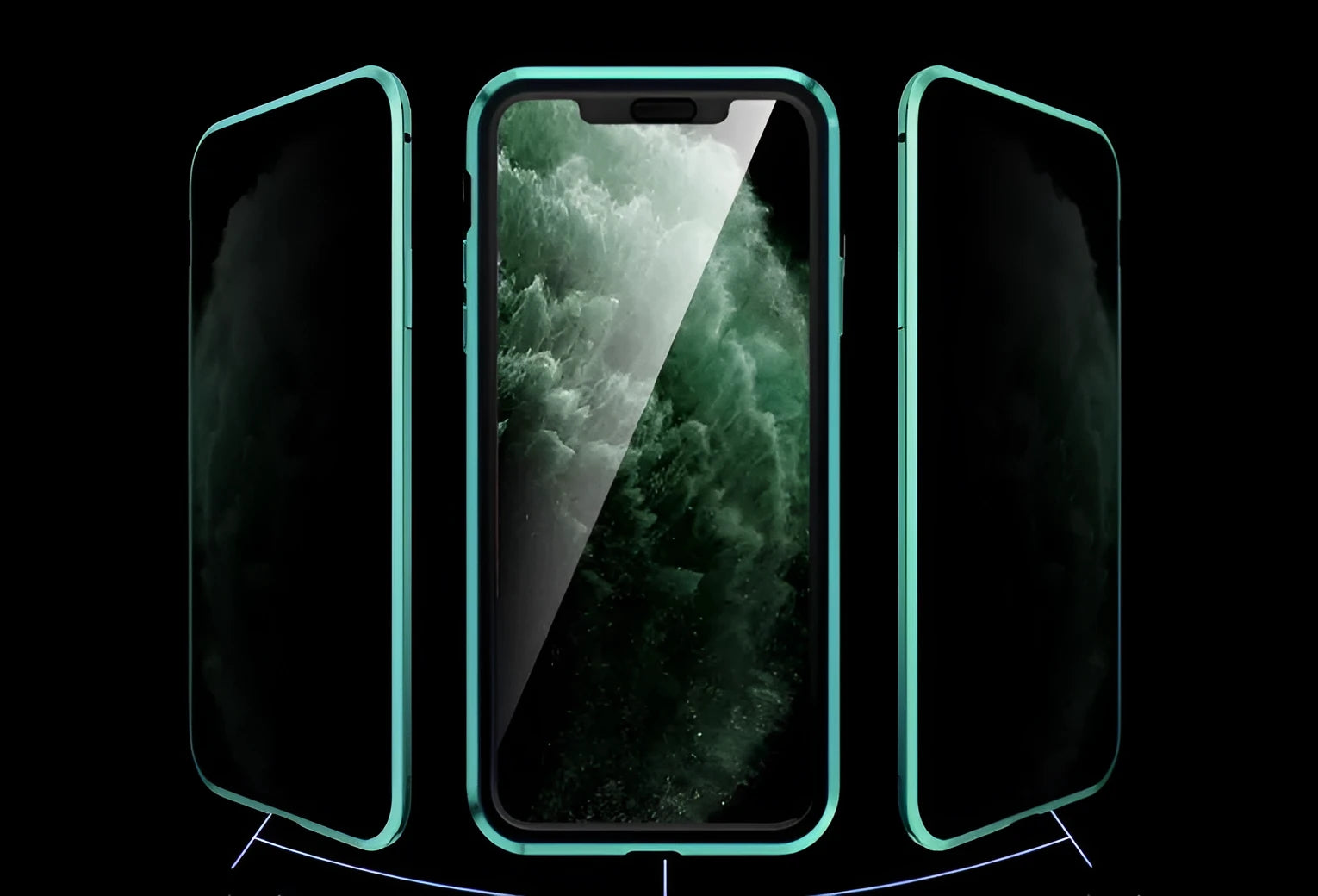 Black double-sided glass magnetic clamshell iPhone case showing front and back tempered glass protection