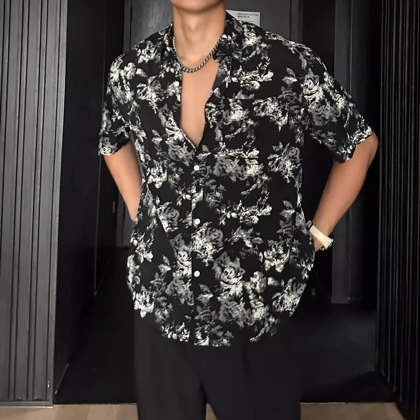Men's loose fit short sleeve shirt with floral print in black or white colour options