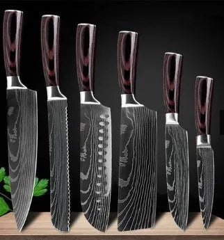 7Cr17 stainless steel kitchen knife with laser Damascus pattern blade and coloured wood handle