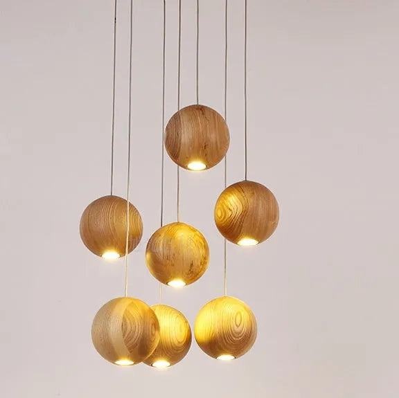 Nordic wood solid wood ball chandelier with adjustable drop and wood disc base