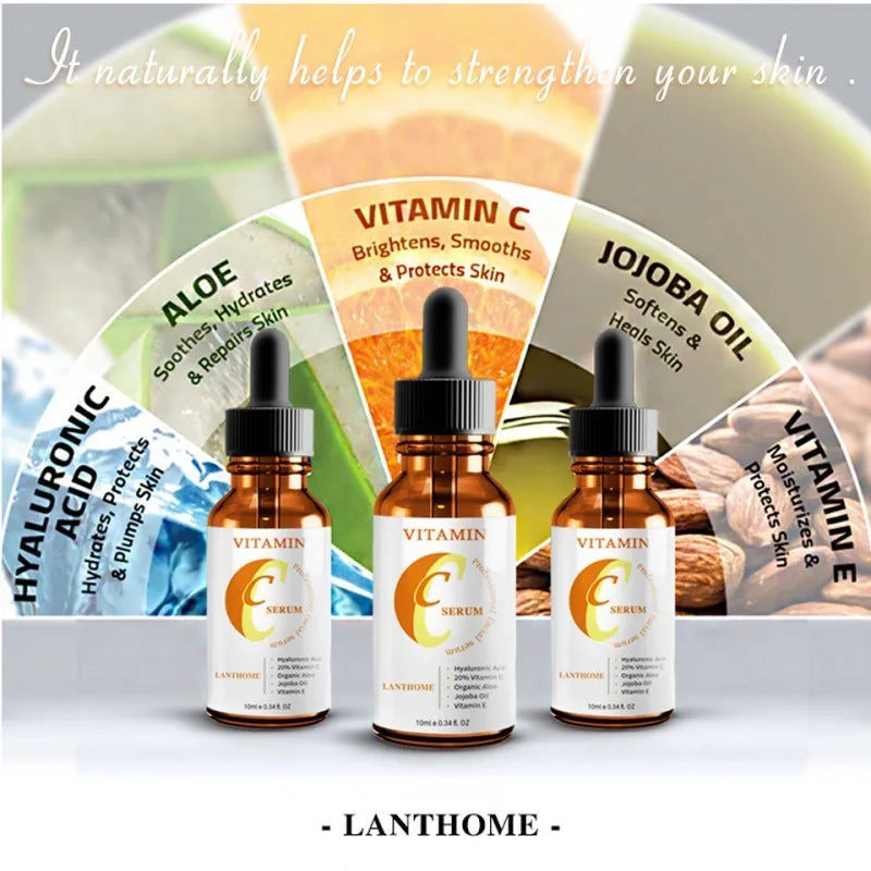 Bottle of Vitamin C and hyaluronic acid facial serum, 10ml net content, for anti-aging and whitening.