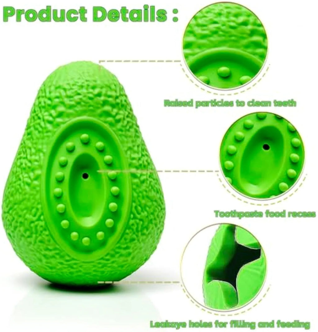 Green avocado-shaped heavy duty natural rubber dog chew toy with textured surface.