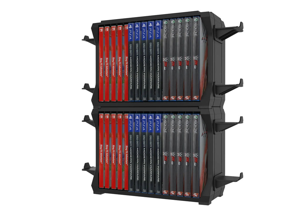 Black PS5 and Xbox Series X disc holder stand with slots for game cases and four controllers.