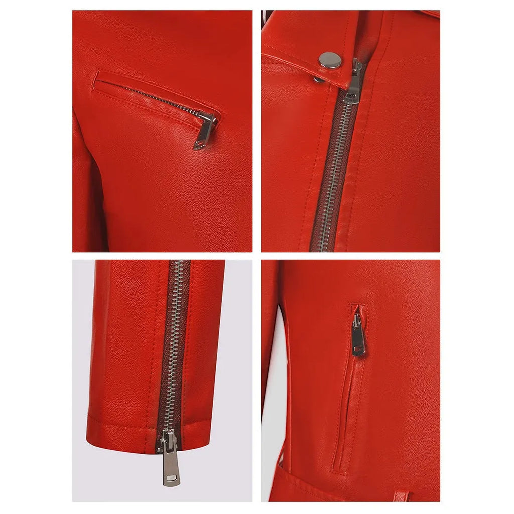 Women's black PU leather motorcycle jacket with lapel belt, on a hanger.