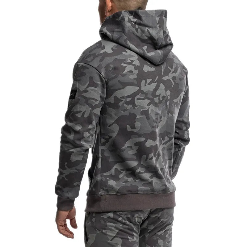 Men's camouflage cotton hoodie gym fitness pullover in dark blue with kangaroo pocket