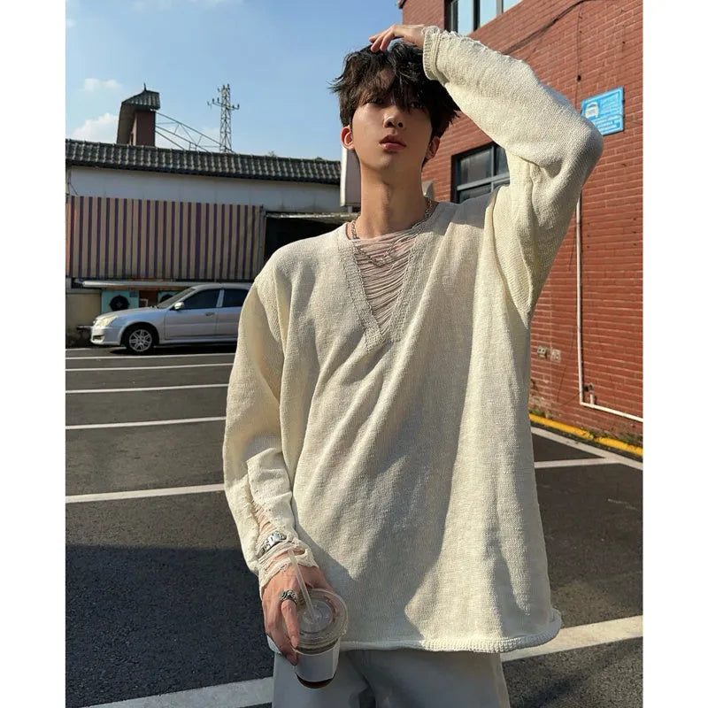 Men's loose fit lapel knitwear sweater in apricot, long sleeves, polyester fibre