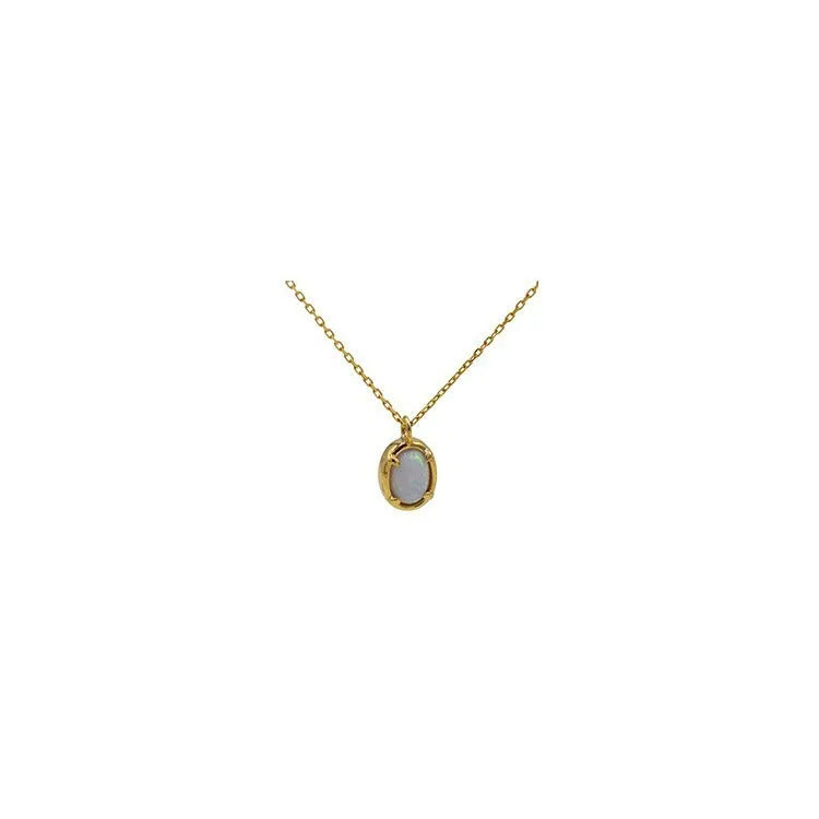 Simple geometric oval pendant necklace in gold plating on a silver chain.