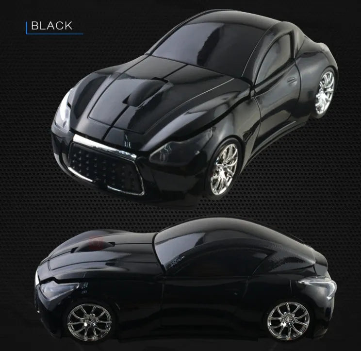 Wireless 2.4 GHz car sports mouse in red, with ABS construction and receiver storage compartment