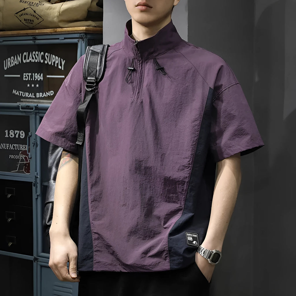 Brown men's half-zip casual shirt with stand collar and short sleeves showing ice silk fabric texture