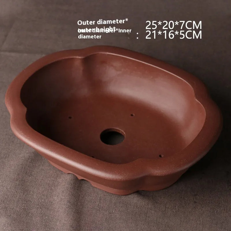 Handmade purple clay bonsai basin with classical Chinese design measuring 25cm by 20cm