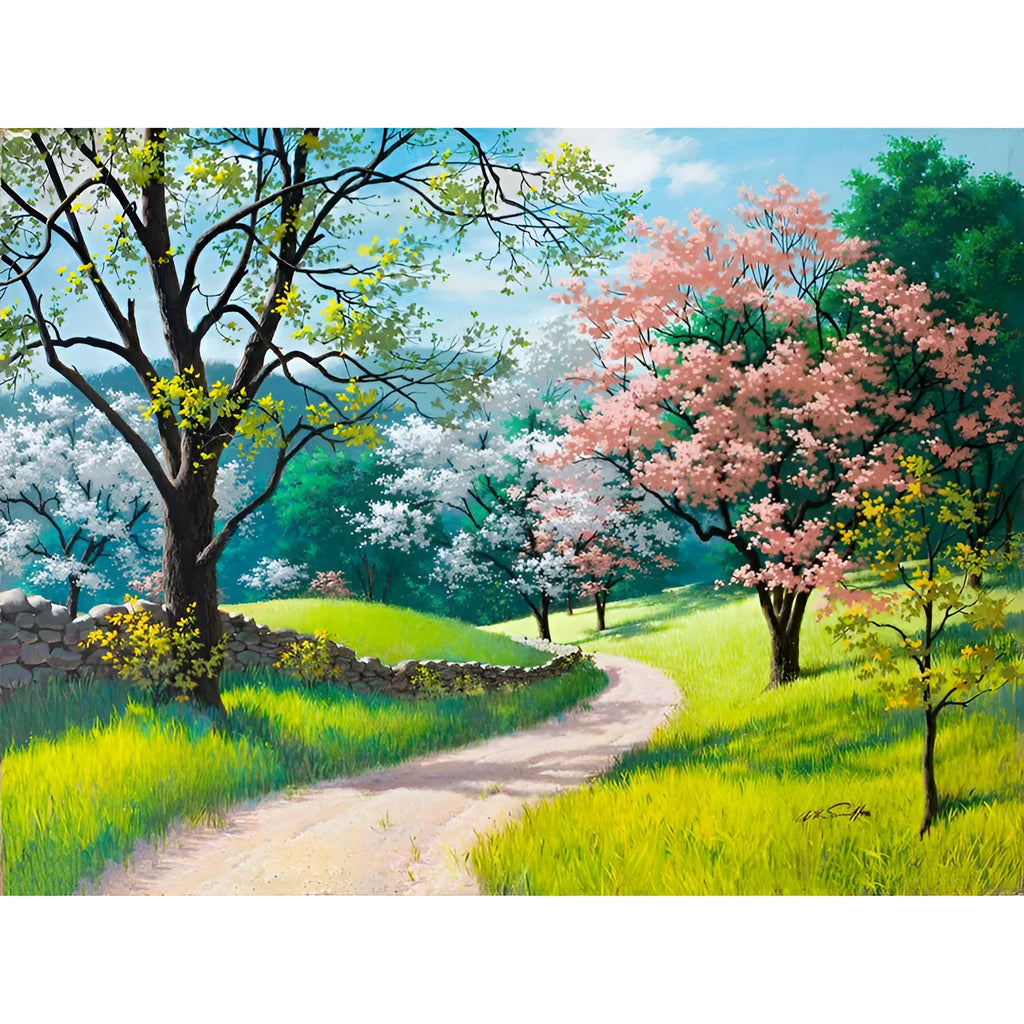 Digital landscape paint by numbers kit showing 40x50cm numbered canvas, acrylic paints, and optional wooden stretcher frame.