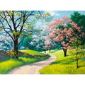 Digital landscape paint by numbers kit showing 40x50cm numbered canvas, acrylic paints, and optional wooden stretcher frame.