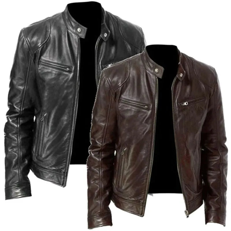 PU leather slim-fit biker jacket for men in black, front view with zipper and collar
