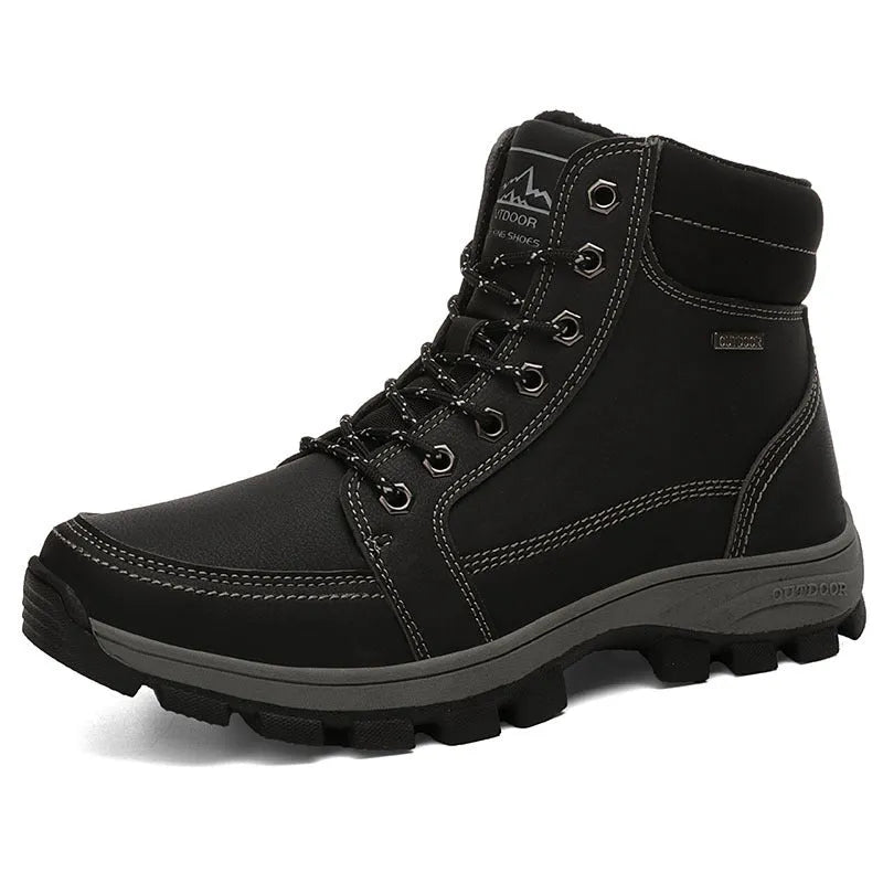 Men's black plush high top cotton shoes with imitation leather PU upper and rubber sole side view