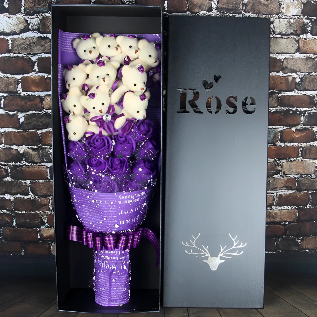 Handmade bouquet with 11 teddy bears and 11 chiffon roses in a rose gift box, black blue colour option