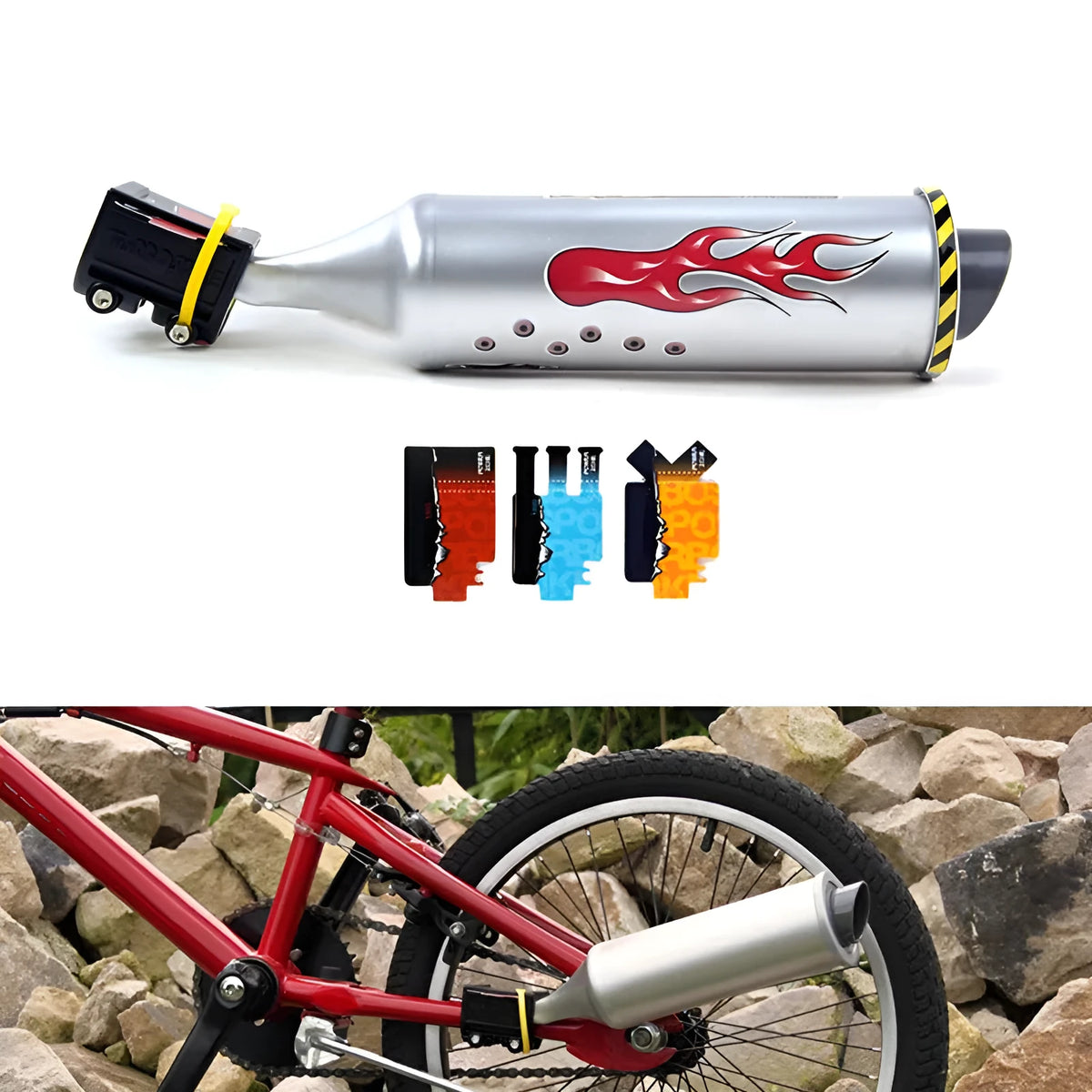 Plastic bicycle turbo sound exhaust with six voice cards, mounted on bike spoke, measuring approx 35 by 7.5 cm