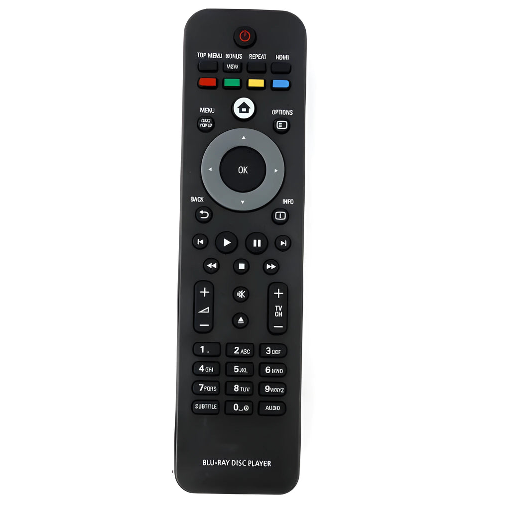 Black plastic universal remote control for Philips Blu-ray disc player BDP7500/98, 18.5 x 4.7cm