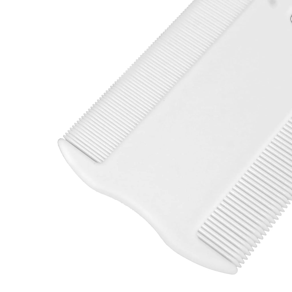 Double-sided plastic flea comb for pets on a white background, showing dense teeth and compact 8.5 cm size.