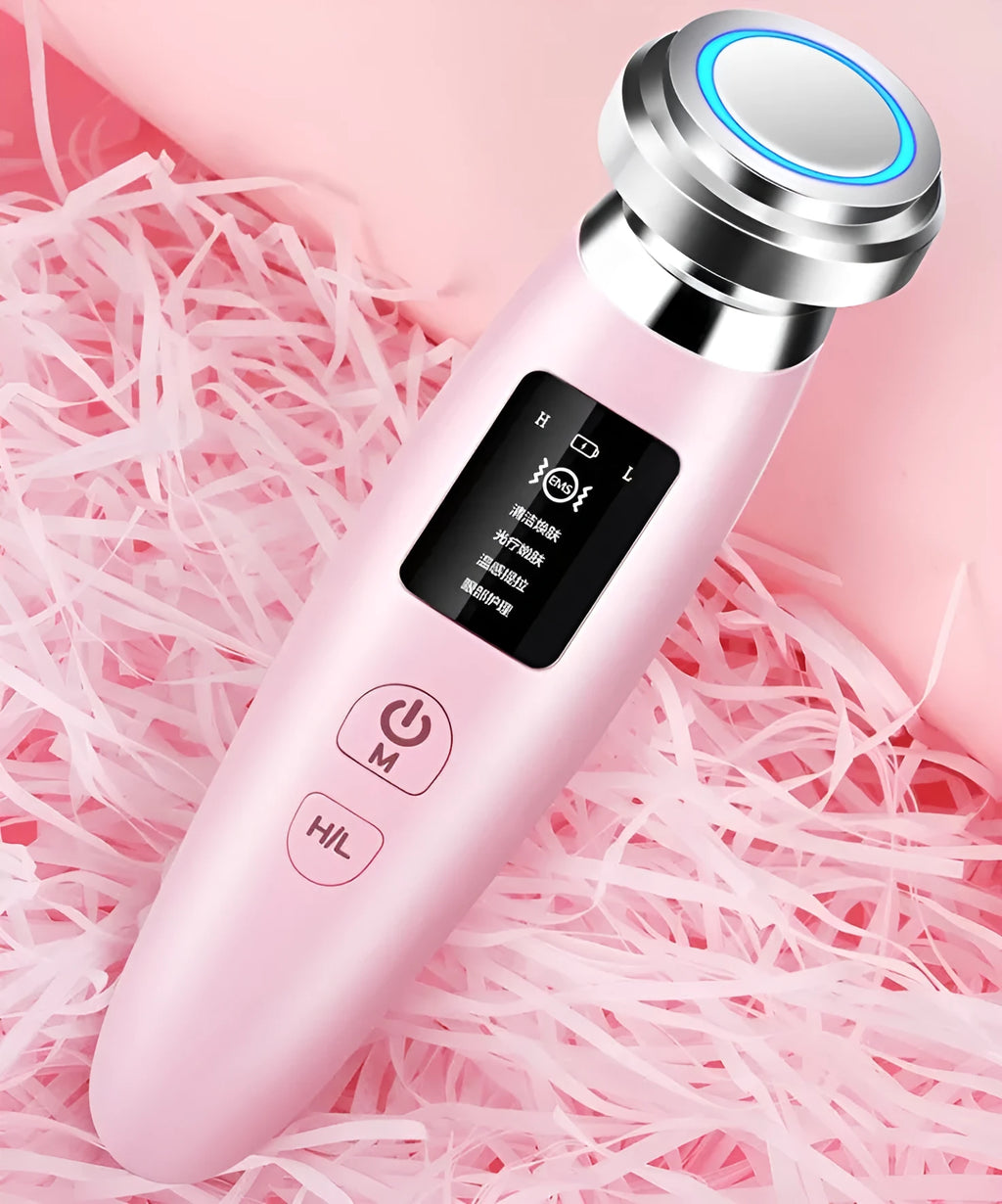 Pink cleansing and rejuvenating beauty instrument showing 185mm length
