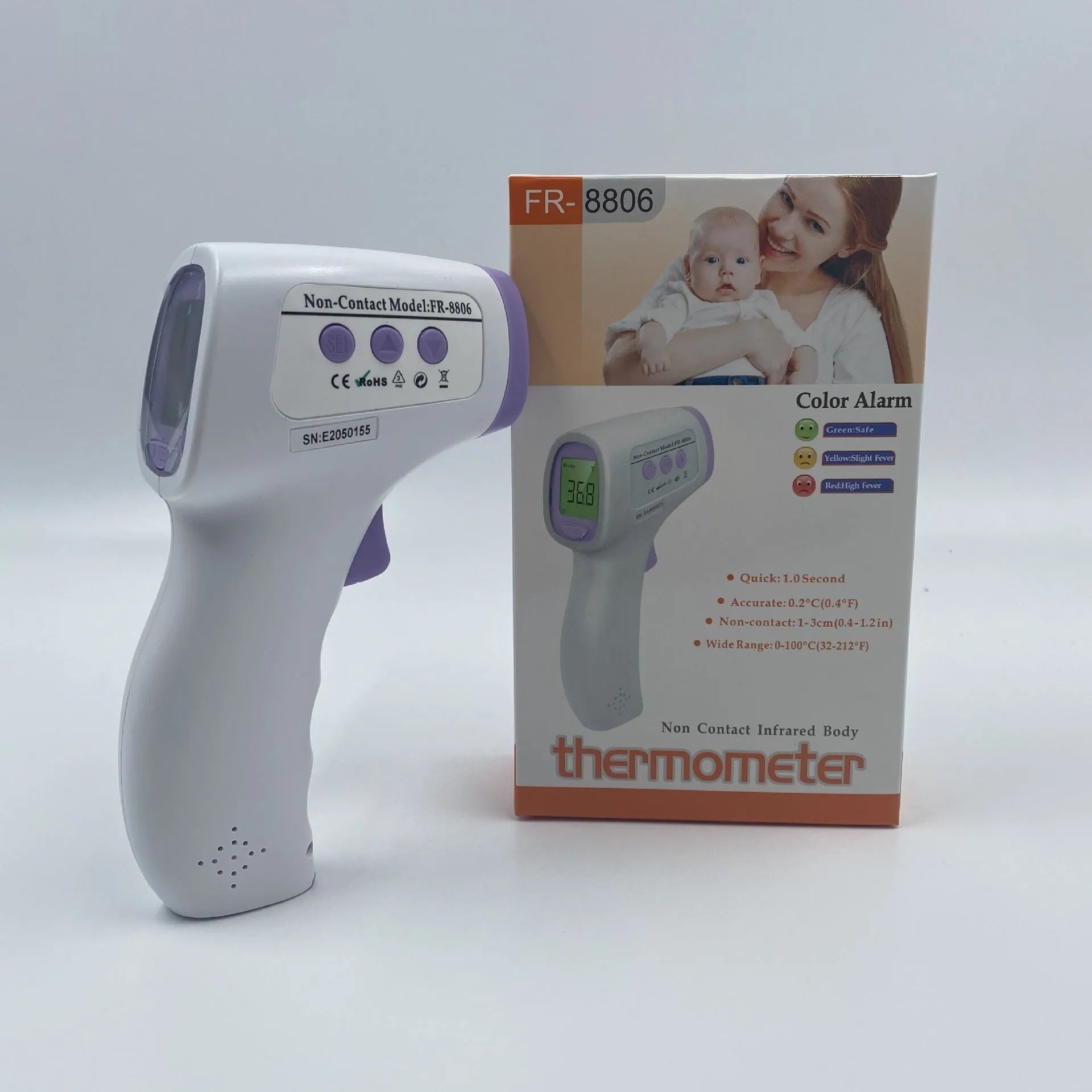 White handheld digital thermometer for non-contact temperature measurement.