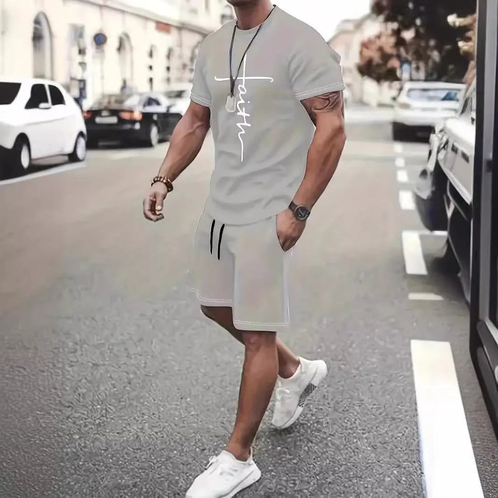 Casual sports suit round neck short sleeve 3D digital print two-piece set polyester fibre summer