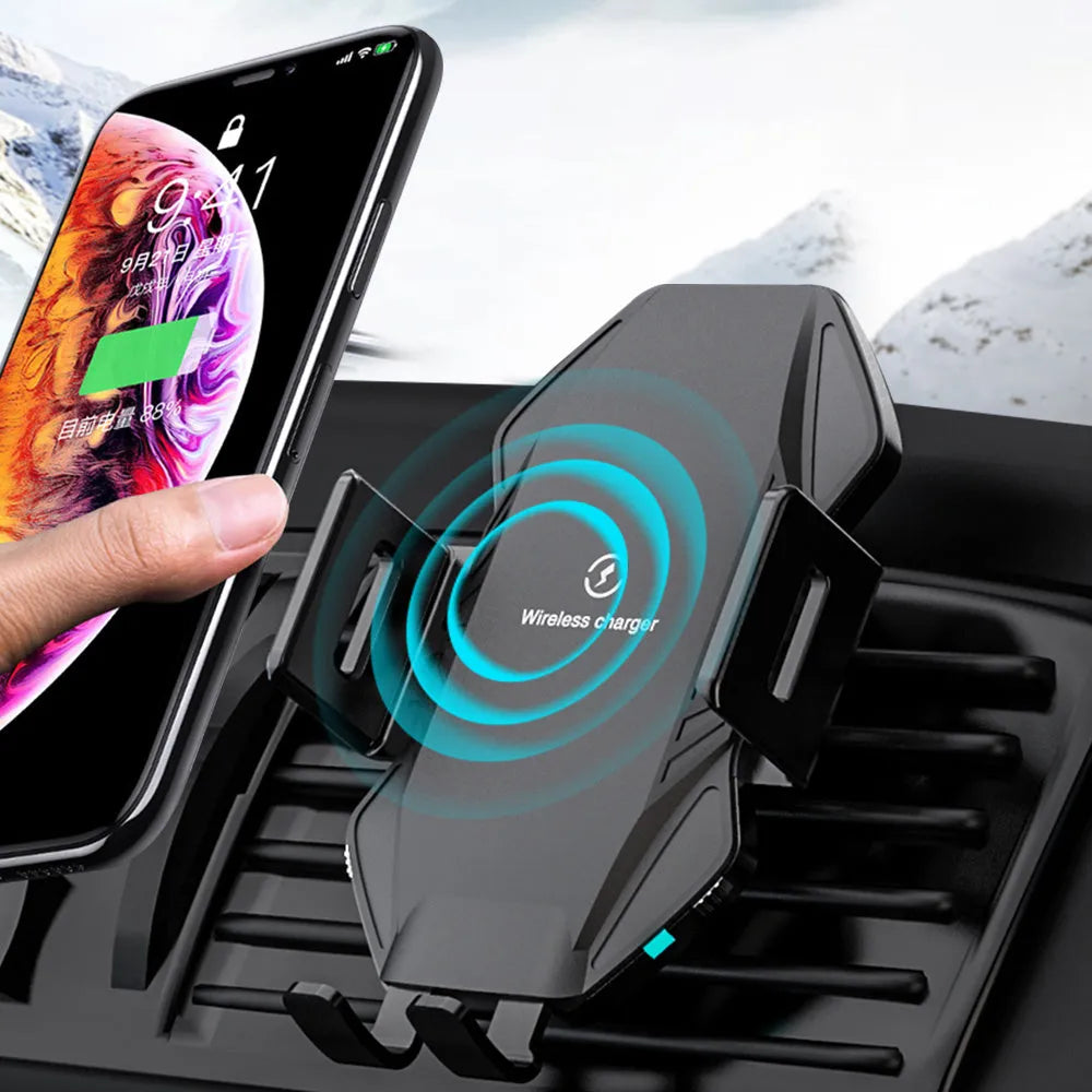 Auto-sensing car wireless charger T3 black with suction cup mount on windscreen showing charging indicator