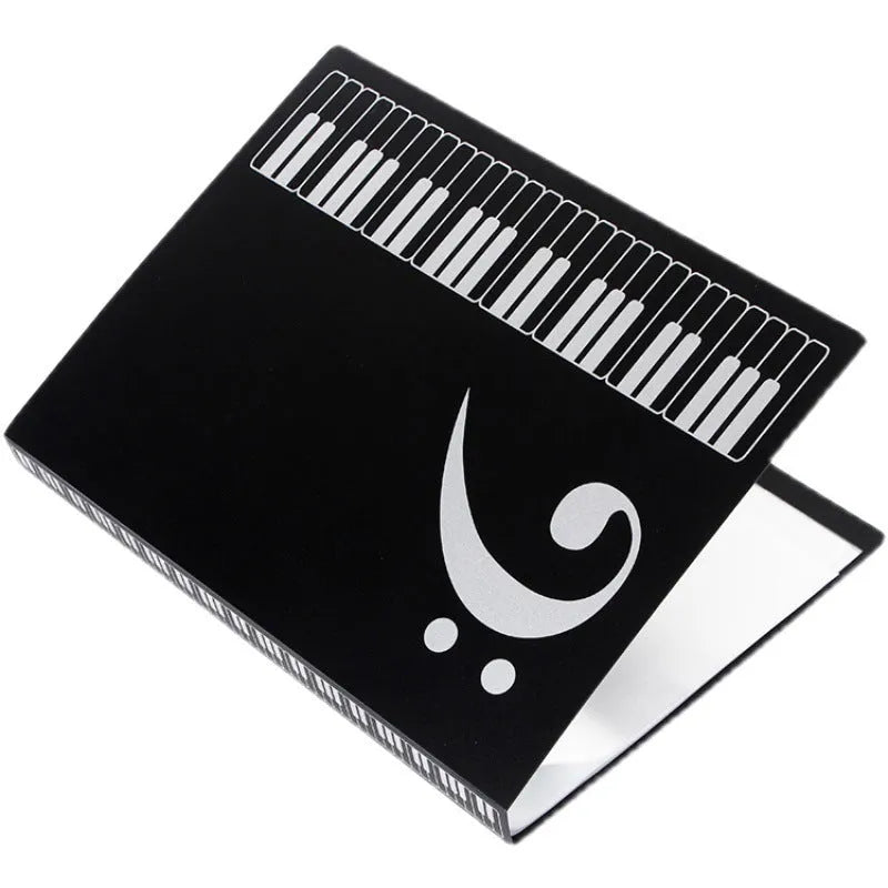 Black piano score folder with transparent plastic pages for holding sheet music.