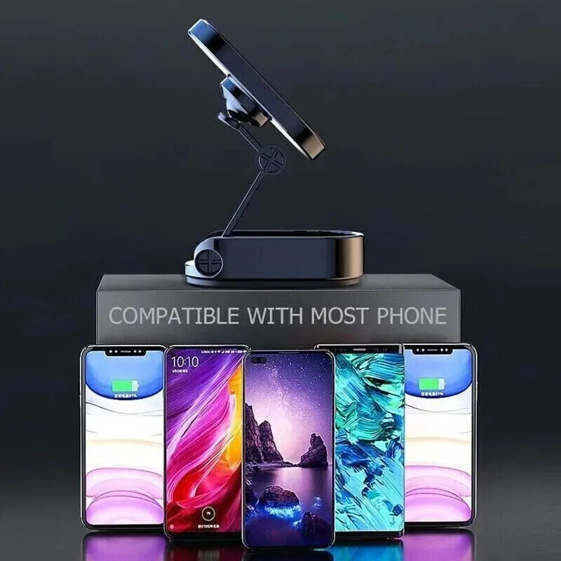 Chrome magnetic car phone holder dashboard mount folded and extended views showing foldable bracket and adhesive base