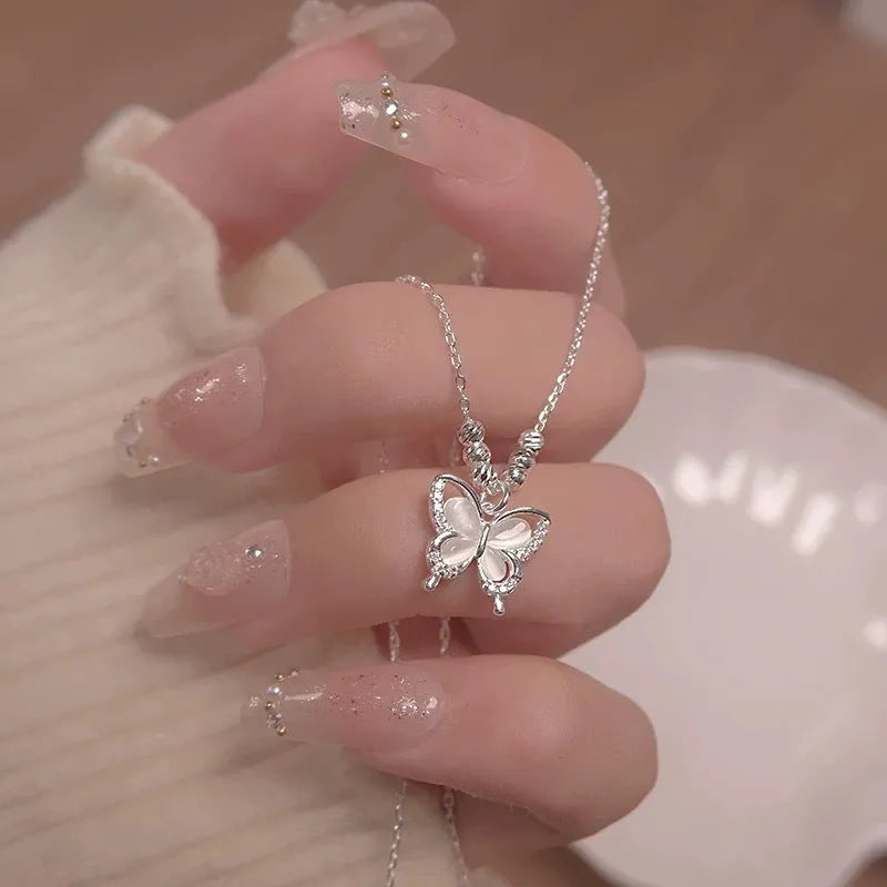 Women's square line opal butterfly necklace in 925 silver with cross chain design on adjustable 41-50cm chain
