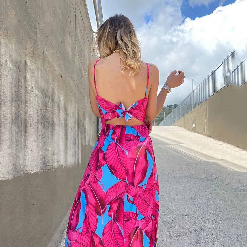 Red fashion printed backless spaghetti strap sleeveless dress high waist long skirt