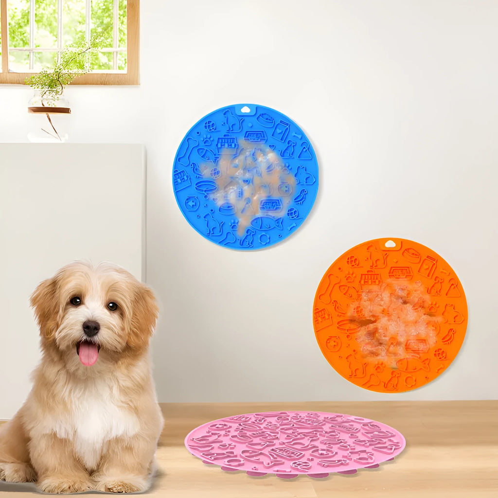 Round silicone pet lick mat with suction cup base in blue colour