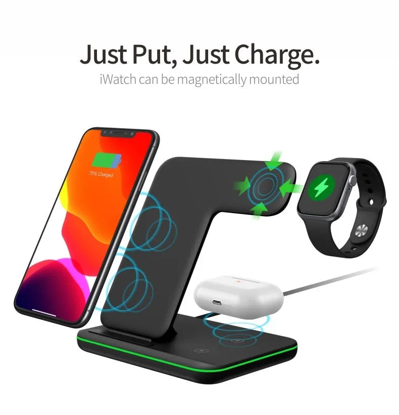 White three-in-one wireless charging stand holding a mobile phone, a smartwatch, and wireless earbuds on a desk.