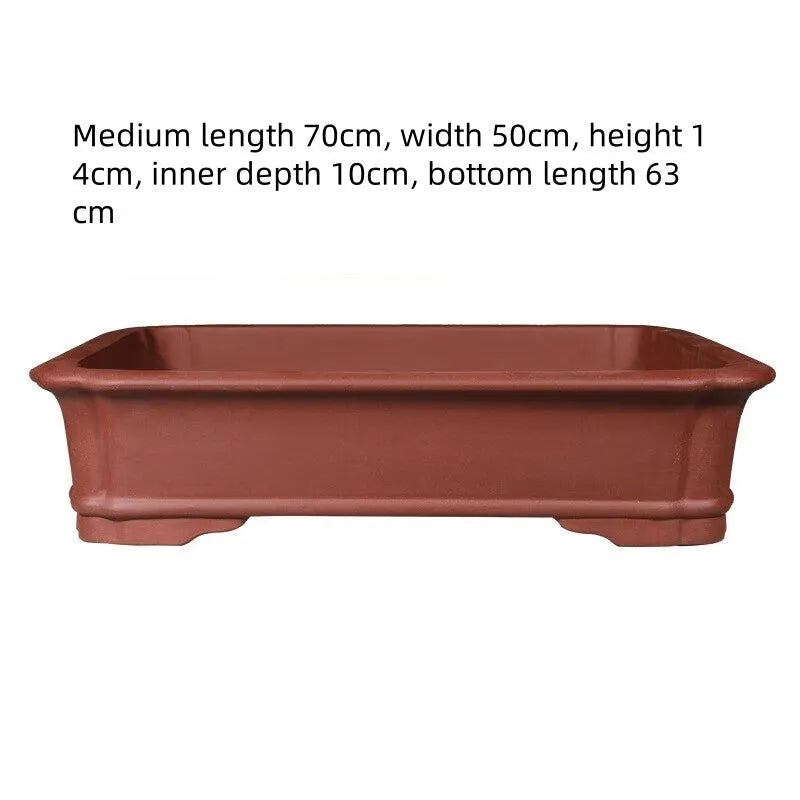 Handmade rectangular purple clay flowerpot shown in a large size for bonsai or garden plants