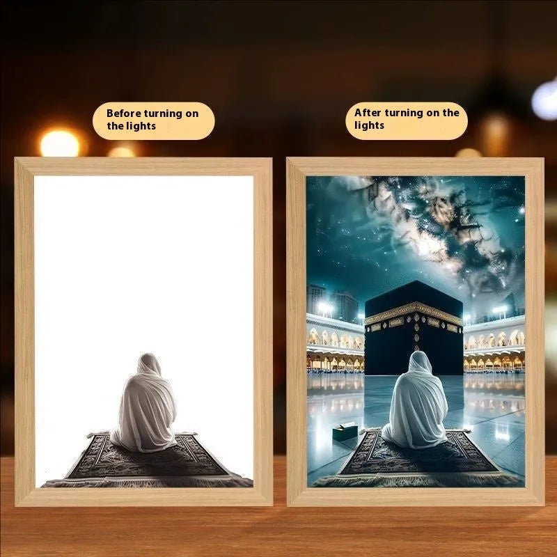 Handmade rectangular LED light painting photo frame showing a spiritual cross design, with USB cable.
