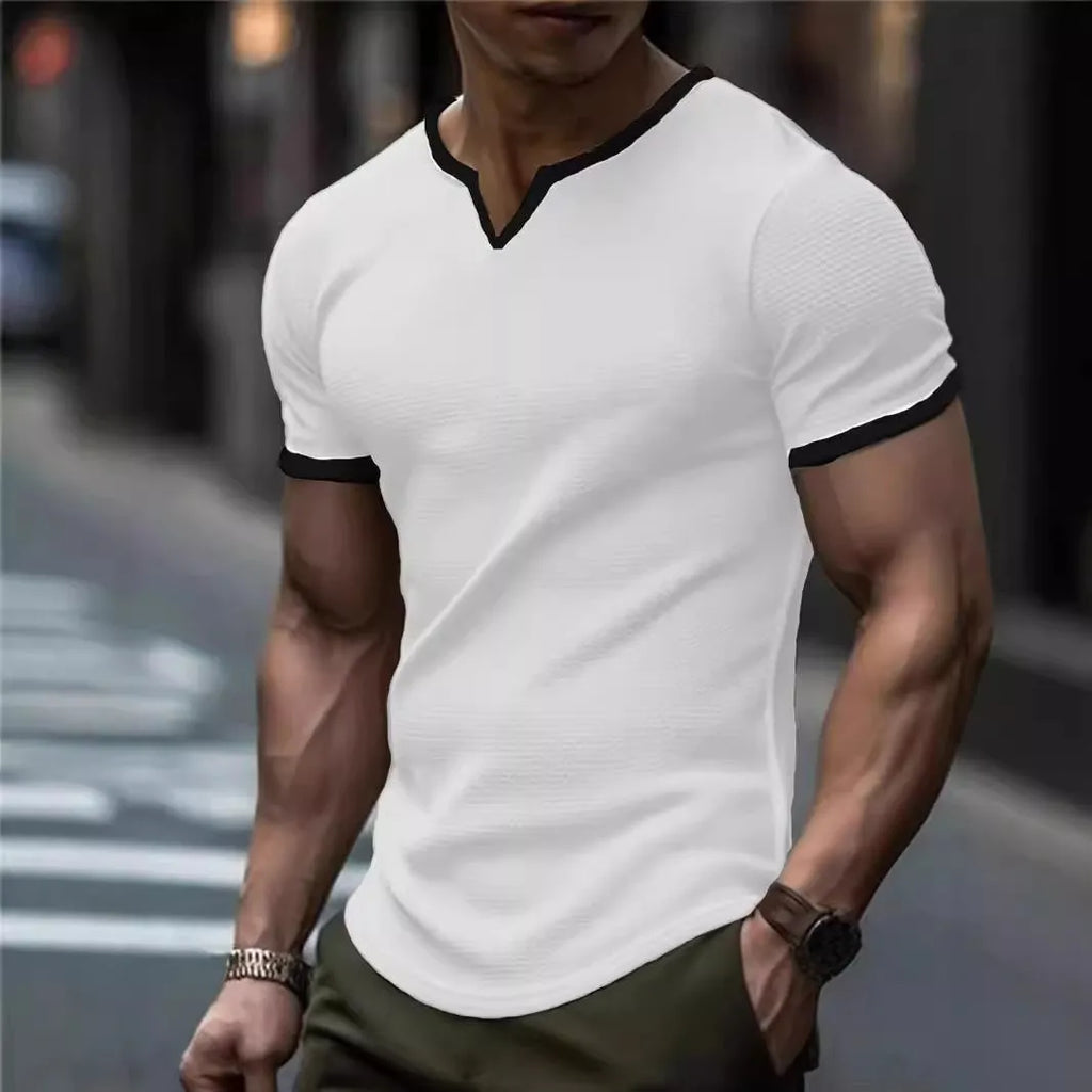 Colour-block V-neck sports t-shirt with waffle knit texture in polyester fabric for outdoor athletic activities