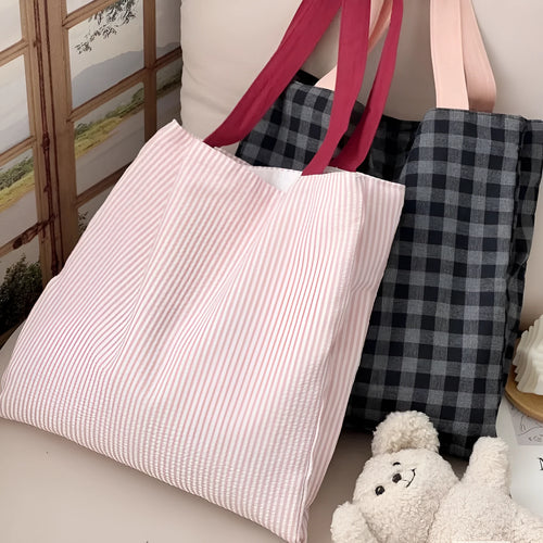Canvas tote shoulder bag in plaid or striped design with multi-layer compartments