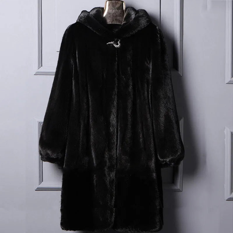 Women's long black faux fur hooded coat for autumn winter street fashion