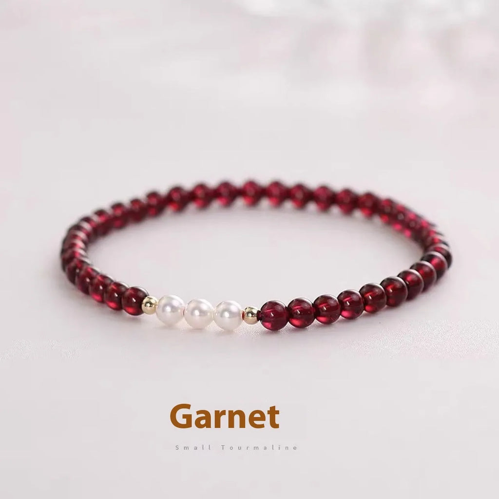 Women's garnet crystal bracelet with artificial pearls in 3mm or 4mm bead sizes