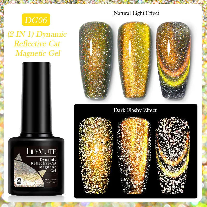 Cat eye nail polish gel with diamond glitter fragments in six colour style options including fluorescent UV brilliant variations