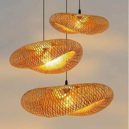 Bamboo straw hat-shaped hanging pendant lamp showing natural bamboo construction and diffused lighting design