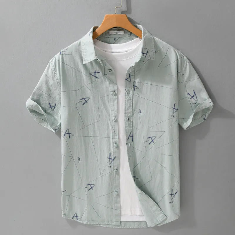 Men's loose fit cotton short sleeve shirt with letter print in light green colour
