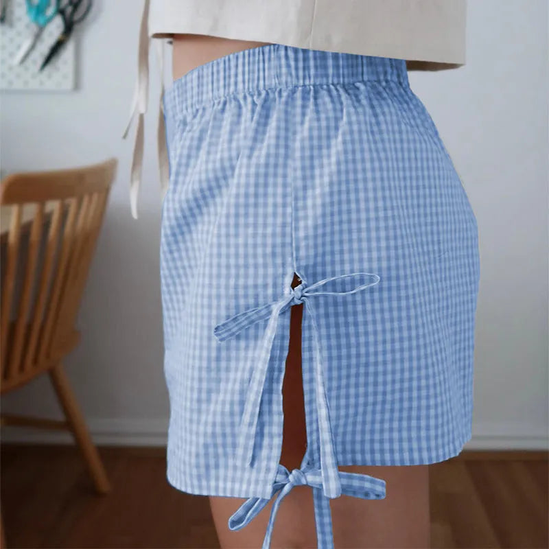 Loose plaid print shorts with lace-up design for women, Y2K summer style, elastic waistband